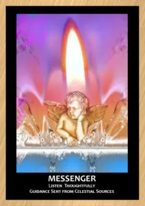 gold trimmed card with flame background and cherub statue in foreground text reads Messenger Listen Thoughtfully Guidance Sent From Celestial Sources