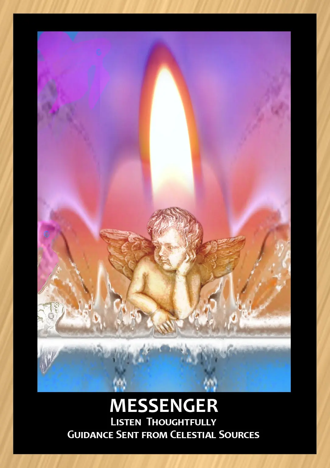 gold trimmed card with flame background and cherub statue in foreground text reads Messenger Listen Thoughtfully Guidance Sent From Celestial Sources