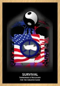 image of ying yang symbol with American flag and peace sign title Survival