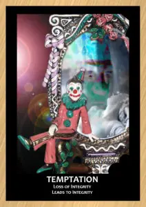 gold trimmed card with clown mirror in center text reads Temptation
