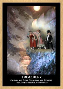 Gold trimmed card with mountain pass background old timey children in center text reads Teachery