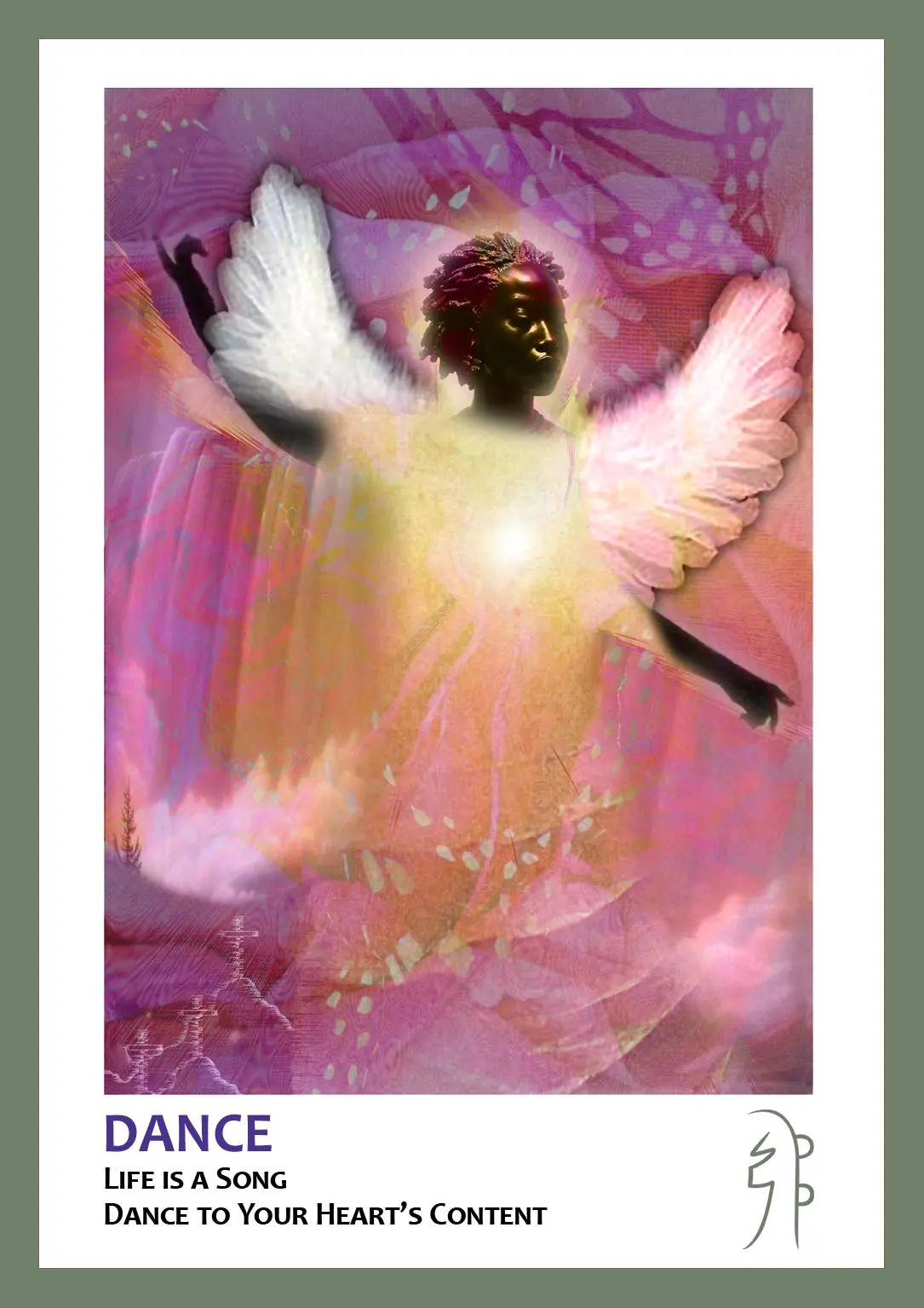 green trimmed card with pink background and angel focal point text says Dance