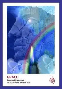 blue trimmed card collage of candle, rainbow, and flowers titled Grace