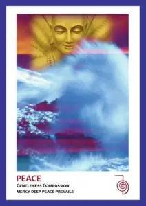 Blue trimmed card blue water in center with gold face in background text reads Peace