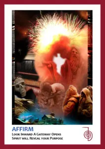 Red trimmed card with books, statues, a building and fireworks in center text reads Affirm Look Inward A Gateway Opens Spirit Will Reveal Your Purpose