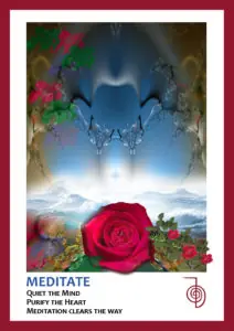 Red trimmed card ocean scene in middle with rose in foreground text reads Meditate Quiet The Mind Purify The Heart Meditation Clears The Way