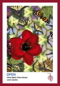 dark red trimmed card butterfly and flowered background text reads Open