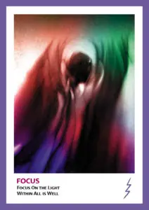purple trimmed card with multi colored waves text reads Focus