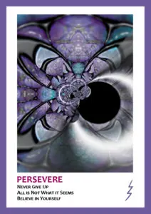 purple trimmed card purple, blue and silver patterned center text reads Preserve Never Give Up All Is Not What It Seems Believe In Yourself