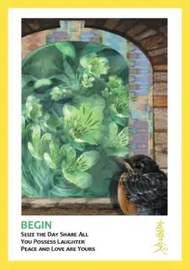 green flower painting centered in brick arch with a robin in the middle ground