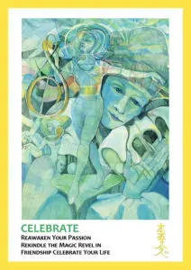 yellow trimmed card with green and blue colored pencil hand drawn figures text reads Celebrate