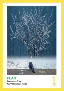 yellow trimmed card of wintery scene with blue jay text reads Plan
