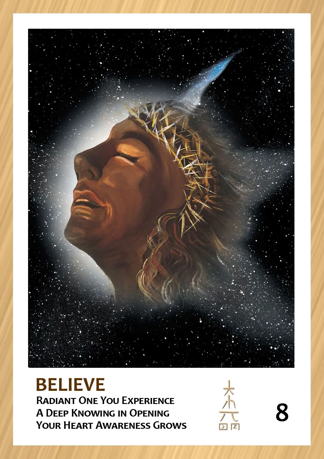gold trimmed card of space with Jesus face in center text reads Believe